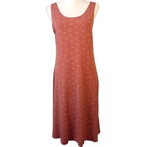 GUDRUN SJODEN M Scoop Neck Lyocell Tank Dress Sleeveless Orange Beige Print Midi